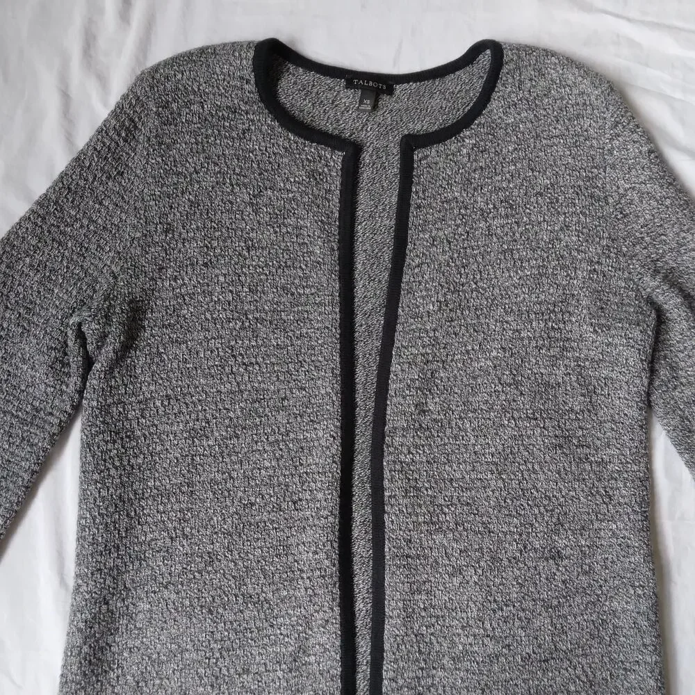 Talbots Cardigan Sweater Textured Open Front Marled Long Sleeve Black Gray XS - Picture 8 of 15